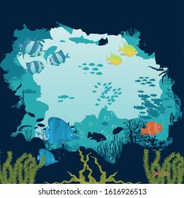 Silhouette of fish and algae on a reef background. Underwater scene of the ocean. Deep blue water, coral reef and underwater plants. beautiful underwater scene; vector landscape with a reef. 