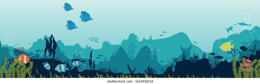 Silhouette of fish and algae on a reef background. Underwater scene of the ocean. Deep blue water, coral reef and underwater plants. beautiful underwater scene; vector landscape with a reef. 