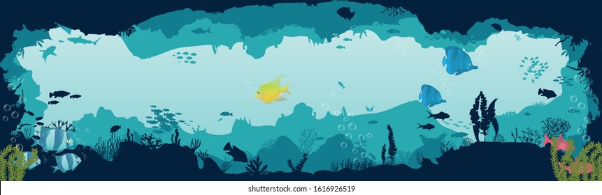 Silhouette of fish and algae on a reef background. Underwater scene of the ocean. Deep blue water, coral reef and underwater plants. beautiful underwater scene; vector landscape with a reef. 