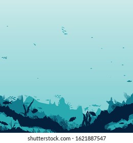 Silhouette of fish and algae on a reef background. Underwater scene of the ocean. Deep blue water, coral reef and underwater plants. beautiful underwater scene; vector landscape with a reef.