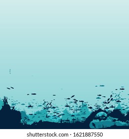 Silhouette of fish and algae on a reef background. Underwater scene of the ocean. Deep blue water, coral reef and underwater plants. beautiful underwater scene; vector landscape with a reef.