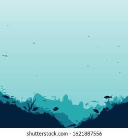 Silhouette of fish and algae on a reef background. Underwater scene of the ocean. Deep blue water, coral reef and underwater plants. beautiful underwater scene; vector landscape with a reef.
