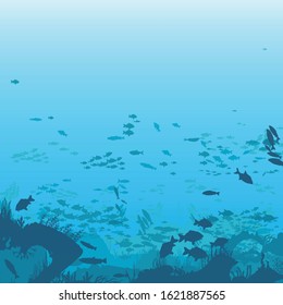 Silhouette of fish and algae on a reef background. Underwater scene of the ocean. Deep blue water, coral reef and underwater plants. beautiful underwater scene; vector landscape with a reef.