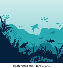 Silhouette of fish and algae on a reef background.  Deep blue water, coral reef and underwater plants. vector landscape with a reef.