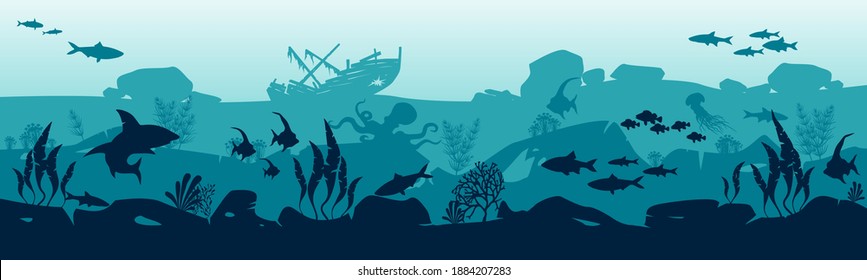 Silhouette of fish and algae. Undersea world. Stock vector illustration. Panoramic wallpaper with the underwater world. Underwater landscape. EPS10.  