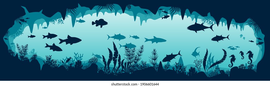 Silhouette of fish and algae in an underwater cave. Sea bottom. Stock vector illustration. Panoramic wallpaper with the underwater world. Underwater landscape. EPS 10