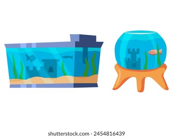 Silhouette of fish and algae.Cartoon freshwater fishes in tank aquarium.Isolated on white background.Vector flat illustration.