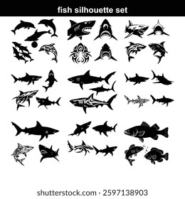 Silhouette fish animal set, guess black shape of animal. Seafood meal