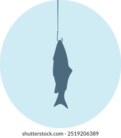 Silhueta de um peixe capturado em um anzol de pesca. Ilustração de vetor simples em cores azuis com um plano de fundo circular. Design minimalista mostrando a pesca. Para banner, cartaz ou conteúdo relacionado à pesca.