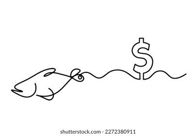 Silhouette of fish and dollar as line drawing on white background. Vector