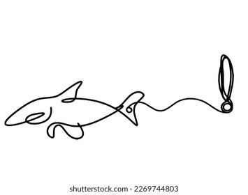 Silhouette of fish and exclamation mark as line drawing on white background. Vector