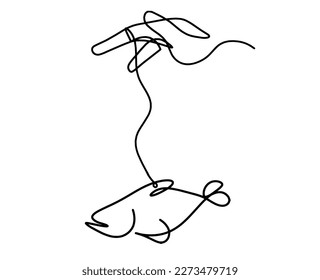 Silhouette of fish and hand as line drawing on white background. Vector