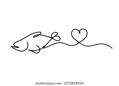 Silhouette of fish and heart as line drawing on white background. Vector