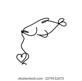 Silhouette of fish and heart as line drawing on white background. Vector