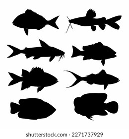 silhouette fish icon set. Black and white bundle	