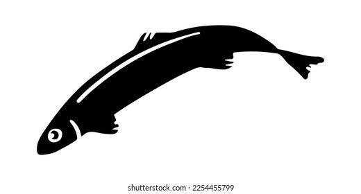 Silhouette of a fish jumping out of the water. Seafood for culinary tmenu. Small fish for industrial canning. Anchovy in flat cartoon graphic style. Element for the design of labels, menus.