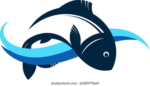 Silhouette of a fish jumping over a blue wave