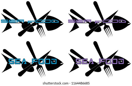 silhouette of fish with knife, fork and spoon seafood minimalism creative logo