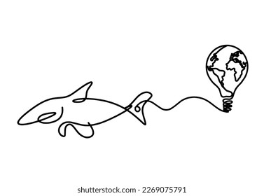 Silhouette of fish and light bulb as line drawing on white background. Vector