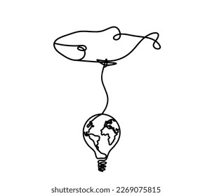 Silhouette von Fisch und Glühbirne als Linienzeichnung auf weißem Hintergrund. Vektorgrafik
