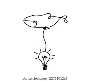 Silhouette of fish and light bulb as line drawing on white background. Vector