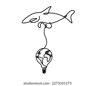 Silhouette of fish and light bulb as line drawing on white background. Vector