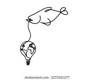 Silhouette of fish and light bulb as line drawing on white background. Vector