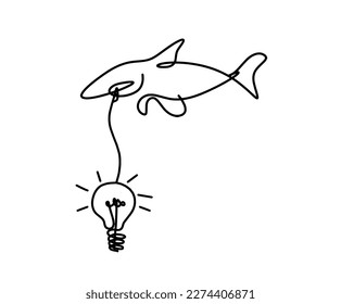 Silueta de peces y bombilla como dibujo de líneas sobre fondo blanco. Vector