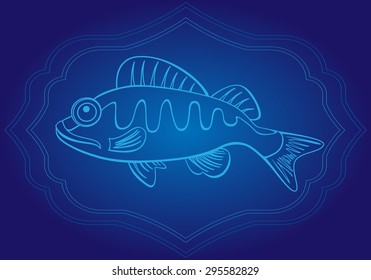 Silhouette of fish on a blue background. Advertising shop, banner, menu, booklet
