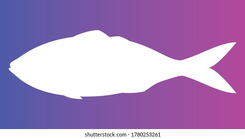 Silhouette of fish on a purple-red background. The outlines of a sea and oceanic fish with fins and a tail. Vector isolated on gradient.