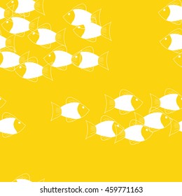 Silhouette of fish on a yellow background. Vector seamless pattern on a white background. Marine theme. 