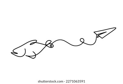 Silhouette of fish and paper plane as line drawing on white background. Vector