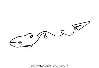 Silhouette of fish and paper plane as line drawing on white background. Vector