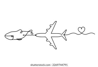 Silhouette of fish and plane as line drawing on white background. Vector