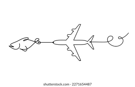 Silhouette of fish and plane as line drawing on white background. Vector