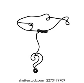 Silhouette of fish and question mark as line drawing on white background. Vector