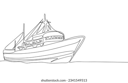 Silhouette of fish ship. One line continuous concept banner with fish boat. Outline, line art, vector illustration.