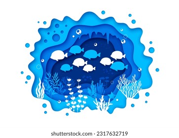 Silhouette of fish shoal on sea paper cut landscape. Underwater deep life, aquatic bottom life papercut vector background. Coral reef 3d concept with ocean fauna fishes shoal and seaweed silhouettes