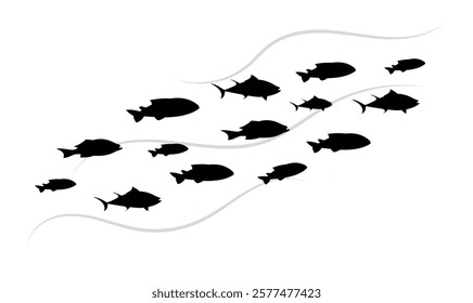 Silhouette of fish swimming in a group with wavy lines on a white background. Minimalistic aquatic design concept. Vector illustration