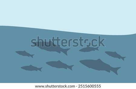 Silhouette of fish swimming in the ocean. Minimalistic vector illustration of a school of fish in dark blue water with a light blue gradient sky. Underwater marine life concept. Design banner, poster.