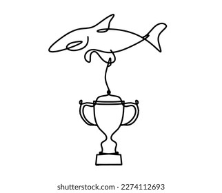 Silhouette of fish and trophy as line drawing on white background. Vector