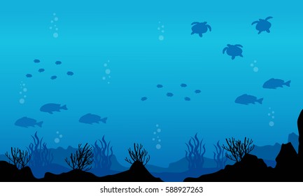 Silhouette of fish various underwater landscape