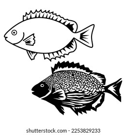 silhouette fish vector set isolated on white. polkadot, fish, animal, sea, ocean, seafood, coral fish, food, aquarium, black, white,  simple, vector illustration.