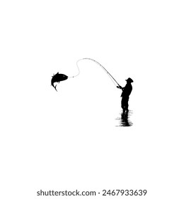 Silhouette of the Fisherman or Angler Catch Fish, can use for Art Illustration, Logo Gram, Sticker, or Graphic Design Element. Vector Illustration