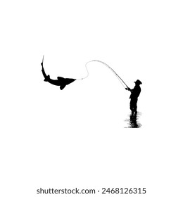 Silhouette of the Fisherman or Angler Catch Fish, can use for Art Illustration, Logo Gram, Sticker, or Graphic Design Element. Vector Illustration