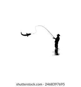 Silhouette of the Fisherman or Angler Catch Fish, can use for Art Illustration, Logo Gram, Sticker, or Graphic Design Element. Vector Illustration