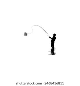 Silhouette of the Fisherman or Angler Catch Fish, can use for Art Illustration, Logo Gram, Sticker, or Graphic Design Element. Vector Illustration