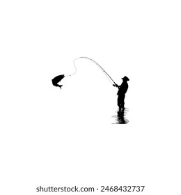 Silhouette of the Fisherman or Angler Catch Fish, can use for Art Illustration, Logo Gram, Sticker, or Graphic Design Element. Vector Illustration