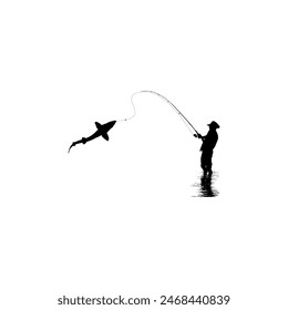 Silhouette of the Fisherman or Angler Catch Fish, can use for Art Illustration, Logo Gram, Sticker, or Graphic Design Element. Vector Illustration