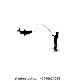 Silhouette of the Fisherman or Angler Catch Fish, can use for Art Illustration, Logo Gram, Sticker, or Graphic Design Element. Vector Illustration